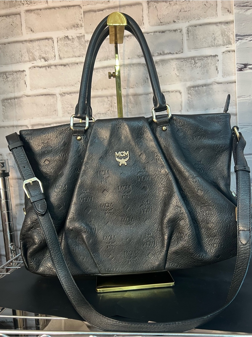 MCM Black Leather Tote with Gold Logo Hardware